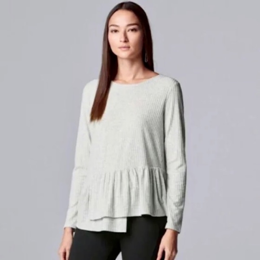 Simply Vera Vera Wang Asymmetrical Ribbed Grey Long Sleeve Ruffle Top